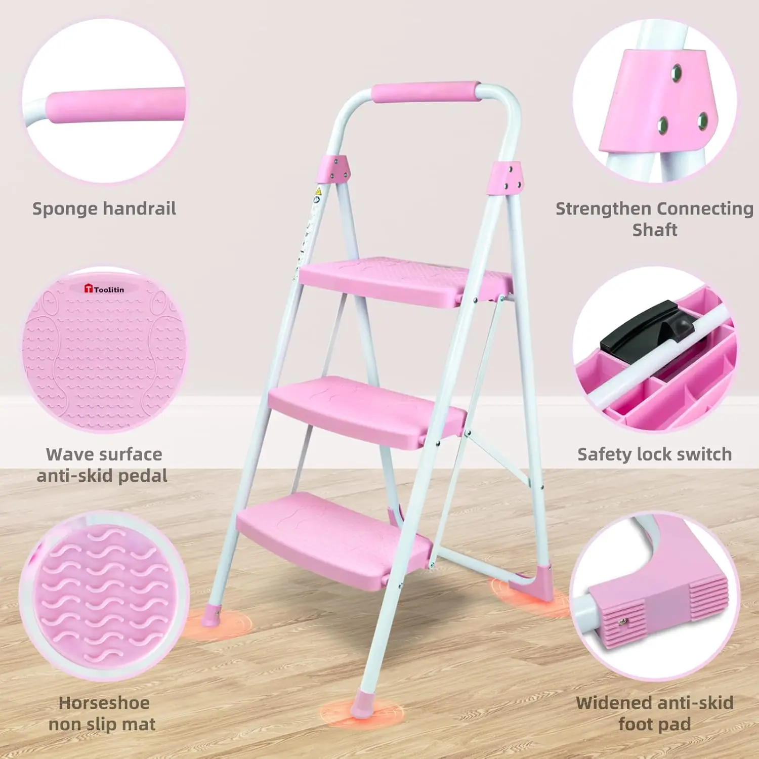 Portable folding step stool, wide non-slip pedals, 500 pound sturdy steel steps, handy handles