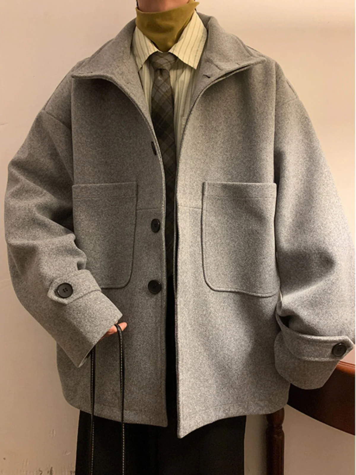 

Wool Blend Long Coat Belt Mans Sleeved Full Protection Warm Winter Cold Weather Rain Snow Ice Sleet Hail Wind Storm Tempest Cool