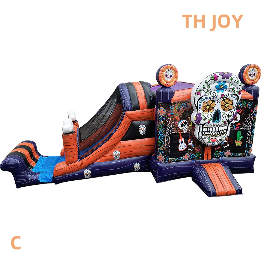 Par navire à porte, maison squelette gonflable avec toboggan, grande fête, crâne gonflable, maison de rebond, Combos de videur fantôme d'halloween