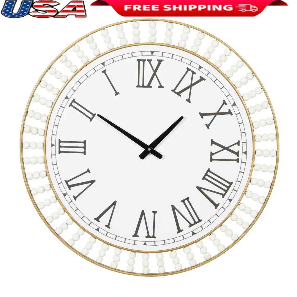 

24 Inch White Wood Beaded Wall Clock Round Design with Gold Metal Frame Roman Numerals Silent Mechanism Indoor Decor
