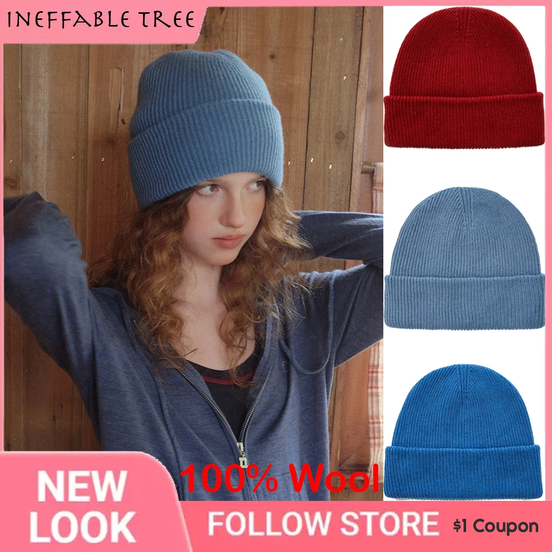 Pure Sheep's Wool Thickened Knit Hats for Women Men Winter Sports Skiing Warm Knitted Round Top No Brim Pull-Over Caps Bonnet