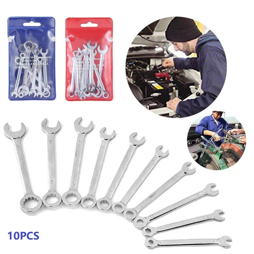 10pcs Combination Spanner Set Small Wrench Metric / Imperial Wrench Set Portable Power Tool Ratchet Wrench Car Repair Tools