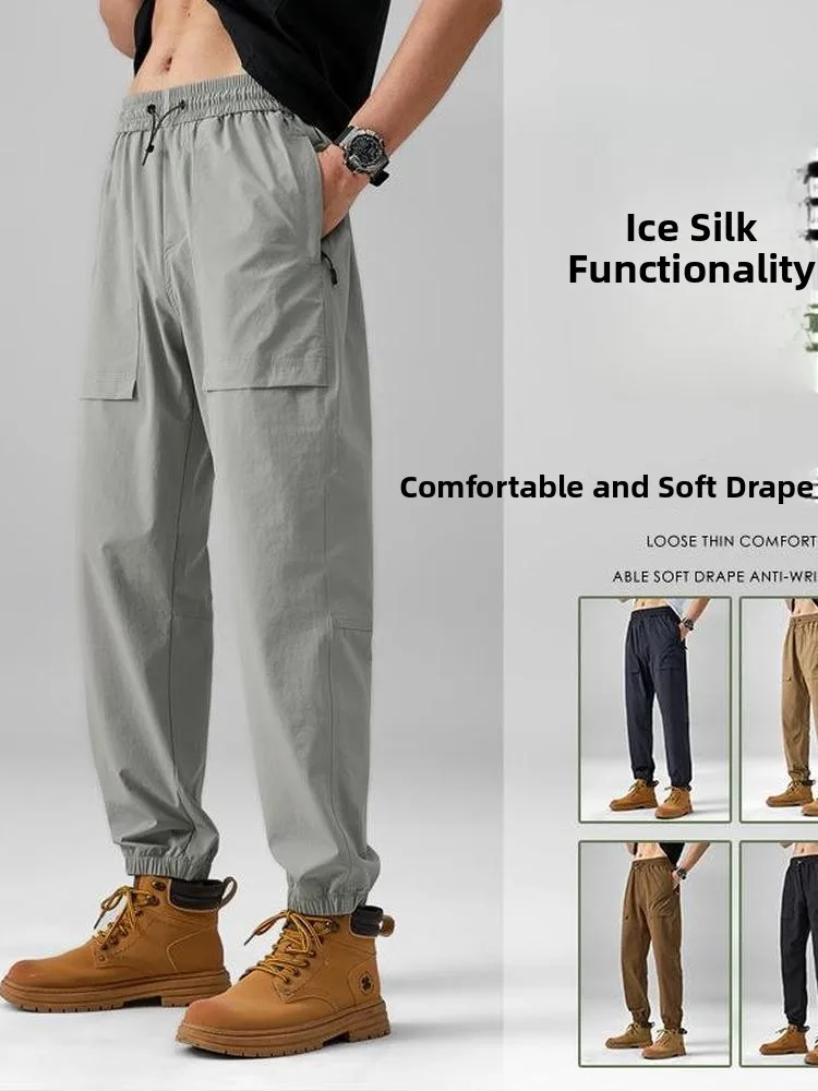 

Ice Silk Outdoor Work Pants Men's Loose Cool Feeling Summer Thin Sle Casual Trousers Loose Cuffed Sports Pants Trendy
