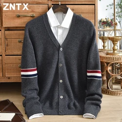 Winter pure cashmere cardigan men's thick button striped contrasting V-neck long sleeved knitted casual jacket Korean style