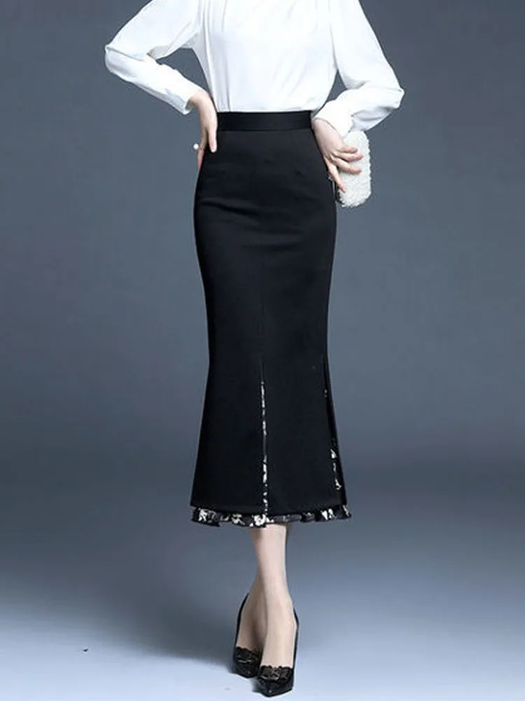 FairyShely 2025 Women Summer Mermaid Split Skirt Print Splice High Waist Skirts Knee Black Midi Office Lady Pencil Skirt