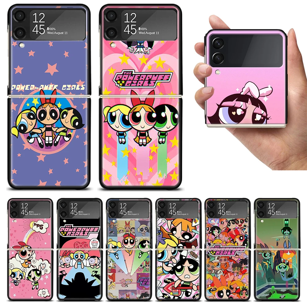 Cartoon P-Powerpuff-Girls Phone Fold Case for Samsung Galaxy Z Flip 5 4 3 ZFlip4 Z Flip5 5G ZFlip3 Flip4 Flip3 Black Shell Cover