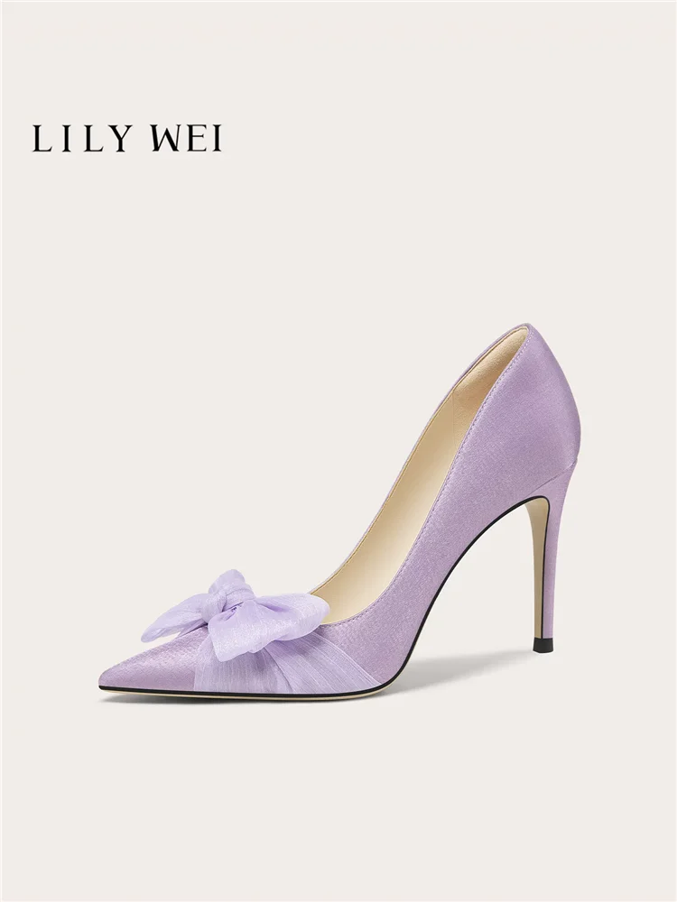 Autumn new pointed light mouth purple silk ribbon bow single shoe banquet large size small size widened high heels women's shoes