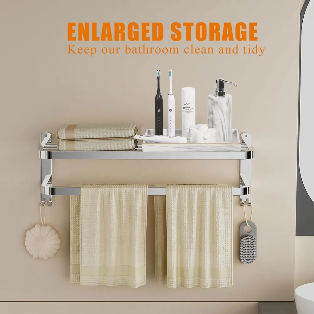 شريط منشفة مزدوج مثبت على الحائط من الفولاذ المقاوم للصدأ مع خطافات للحمام، مناسب للاستخدام في الفندق