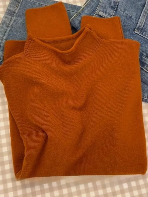 

Orange Woolen Knitted Long Sve Mid-Ne Base irt Slim Fit Women's Faion Autumn Winter Thermal Color Inner Wear Top