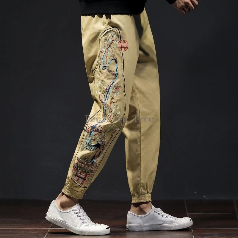 2024 retro embroidery fashionable versatile pants casual daily loose wushu practise pants chinese kungfu performance trousers