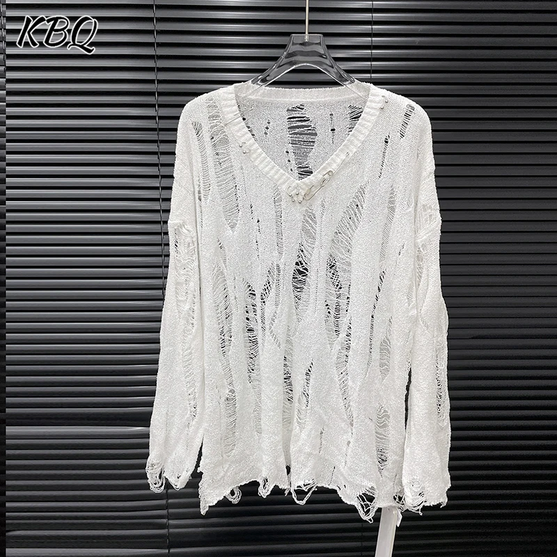 

KBQ Loose Hollow Out Designer Irregular Sweaters For Women V Neck Long Sleeve Spring Temperament Sweater Female Fashion Style