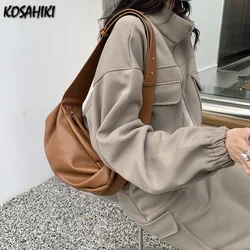 Y2k Aesthetic Casual Simple Solid Women's Handbags Vintage Elegant Wide Straps Shoulder Bags Pu Leather Office Lady Underarm Bag