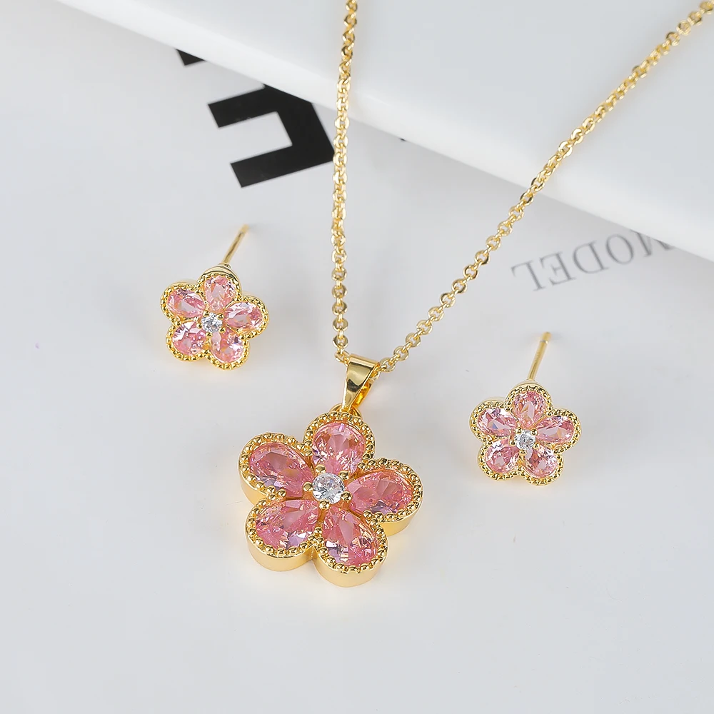 Sweet New Crystal Glass Little Daisy Jewelry Set Cute Plum Blossom Five Leaf Flower Women's Accessories Luxury Gift Clover