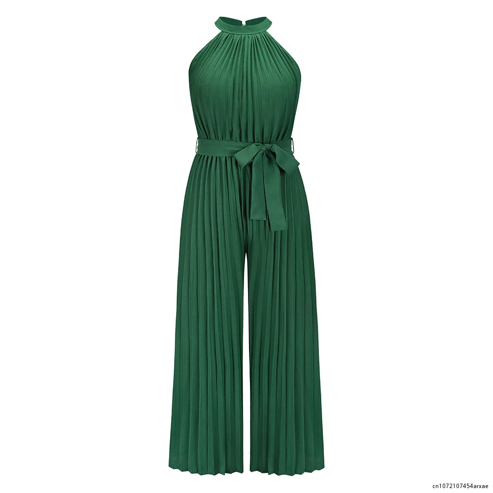 

Elegant Jumpsuit Women Summer Fashion Sleeveless Pleated Wide Leg Casual Halter Tied Detail Plain Long Jumpsuit Without Belt