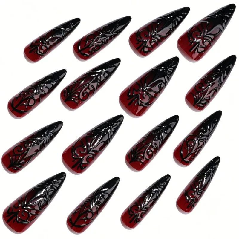 24Pcs Fake Nails Halloween-Themed Long Pointed Nails with Embossed Blood-Red Spider Web Gradient Design Press-On Nails