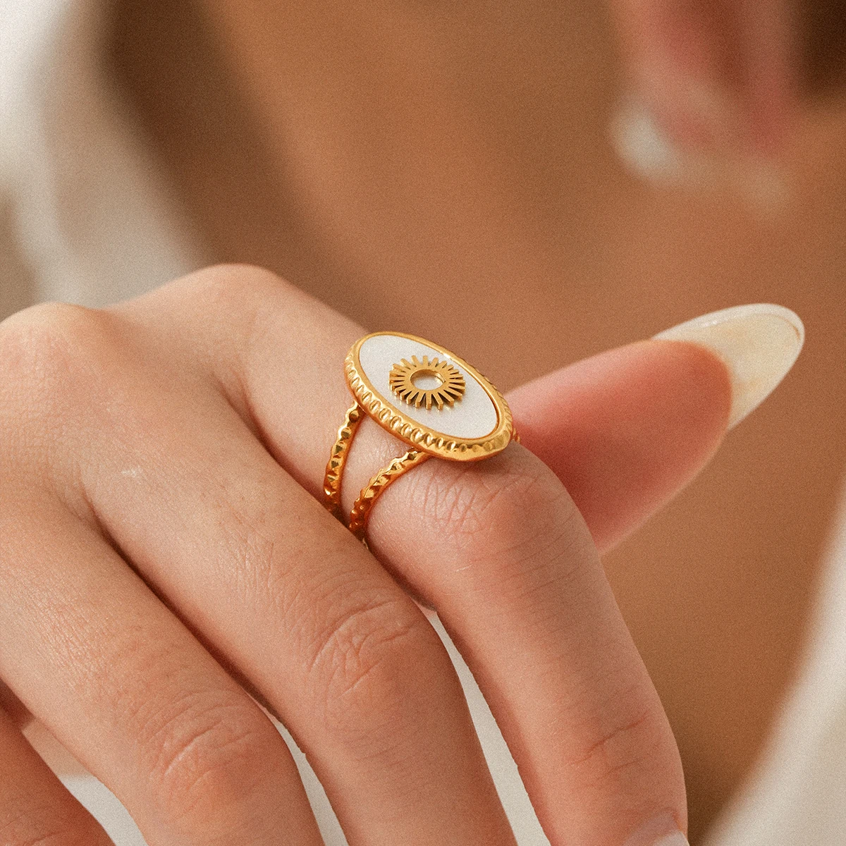 Huangchao White Shell Sun Pattern Open Rings for Women Stainless Steel 18K Gold   Plated Ring Fashion Jewelry Accessories Gift