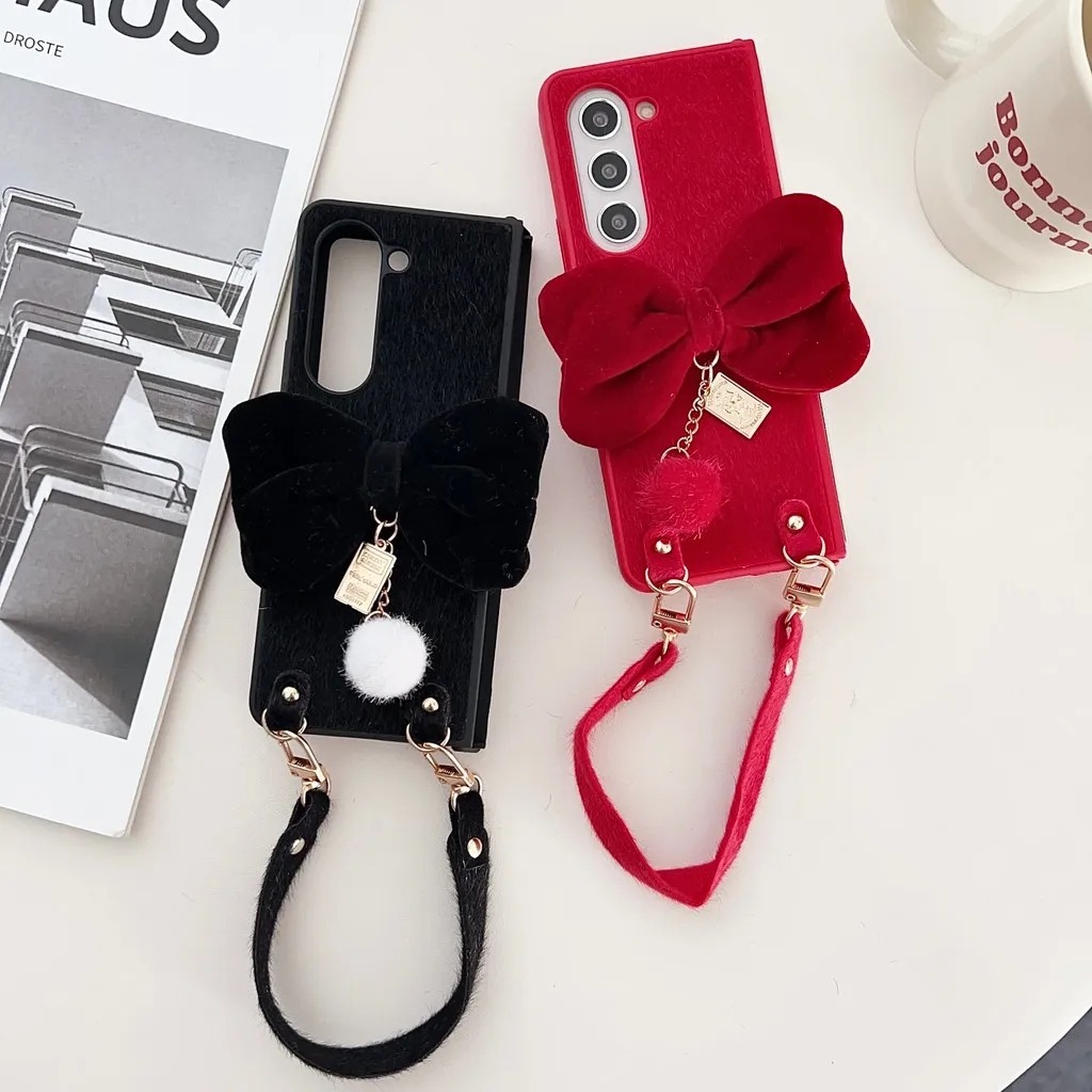 Luxruy Furry Ball Pendant 3D Bowknot Plush Phone Case For Samsung Galaxy Z Fold7 ZFold7 Fold 7 6 5 4 3 5G Cute Shockproof Cover