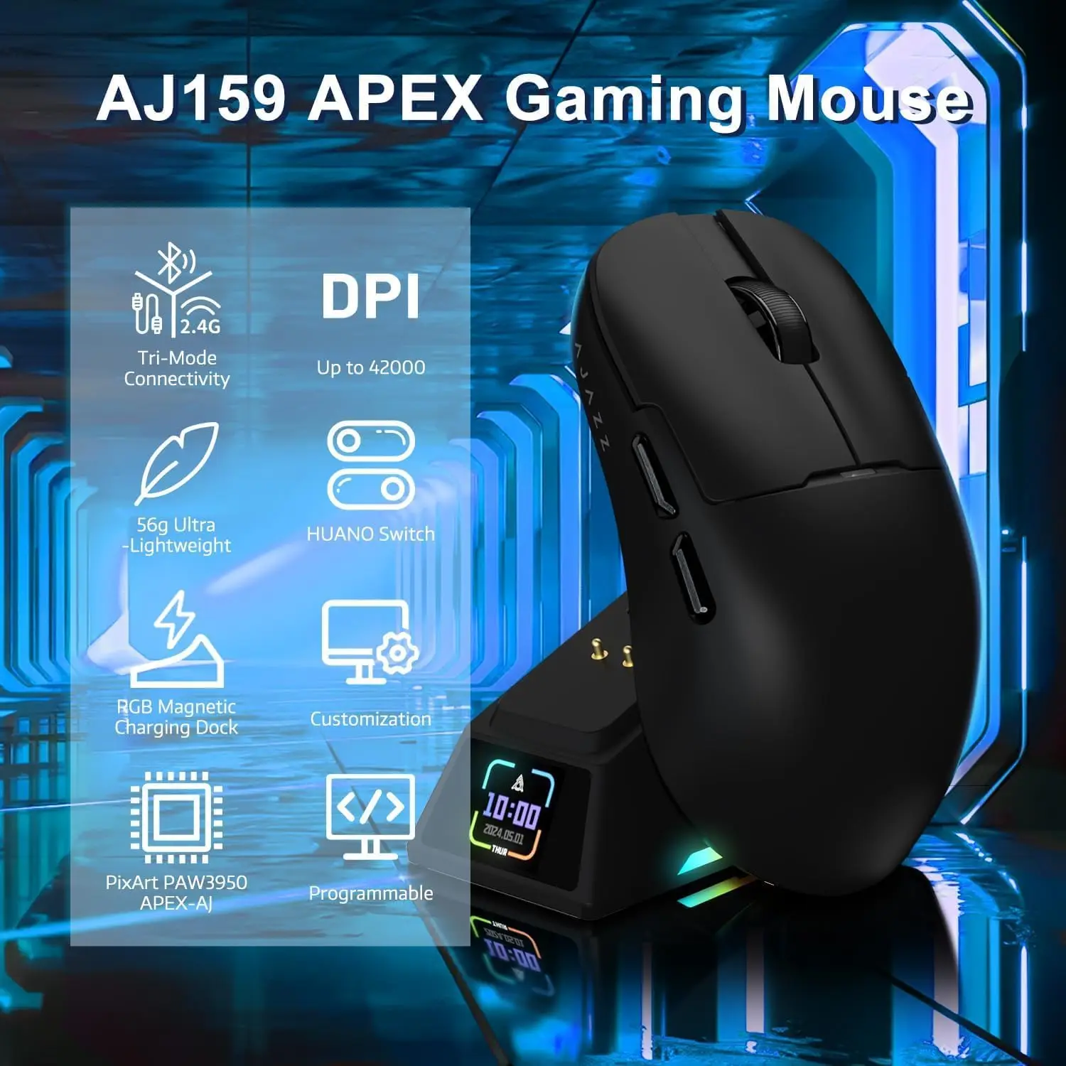 AJAZZ AJ159 V2/V2 MC muis met verwisselbare batterij en 1 extra batterij, PAW3311 Esports gamingmuis voor kantoor, gaming en campus