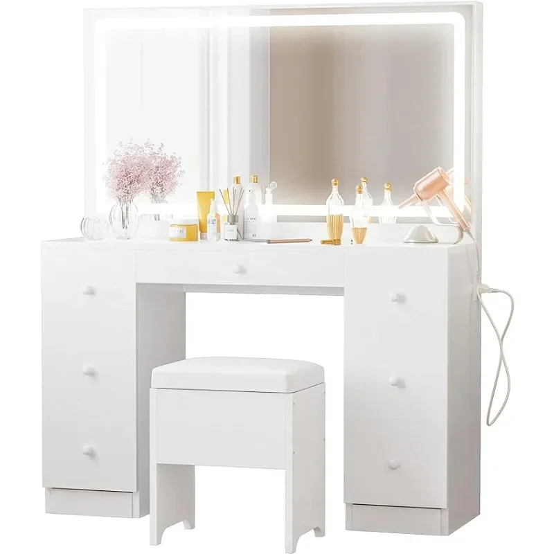 Desk Set with LED Lighted Mirror & Power Outlet, 7 Drawers Makeup Vanities Dressing Table with Stool, for Bedroom