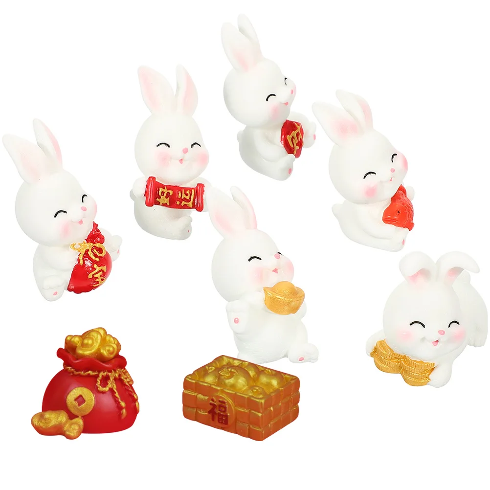 

8pcs Rabbit Ornaments Mini Resin Figurines Decor Table Desktop Statues Animal Auspicious Bunny Decorations