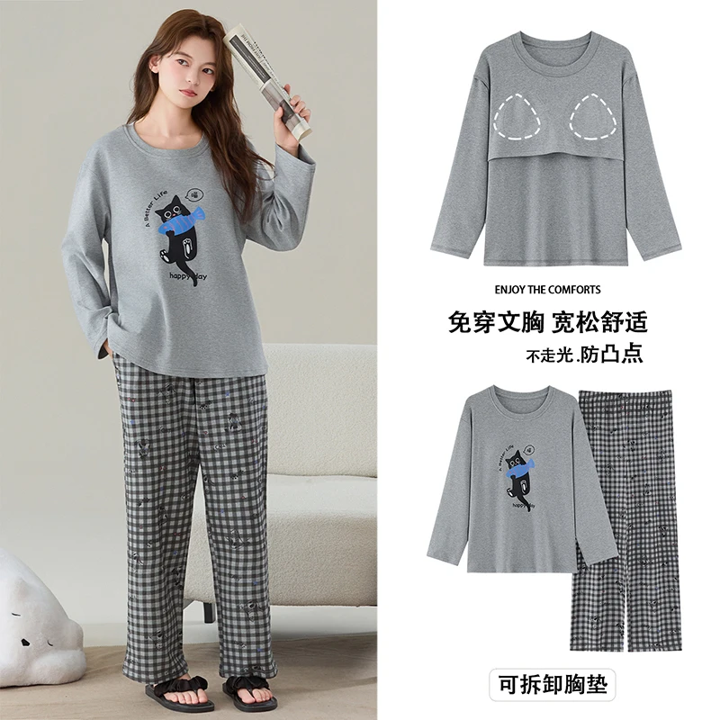 

Большой размер M-4XL, весенне-осенние женские трикотажные хлопковые пижамы, женские повседневные пижамы с длинными рукавами и накладкой на грудь