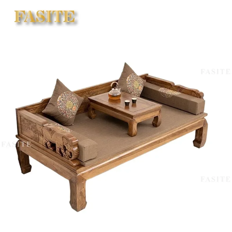 For New Chinese Style Solid Wood Old Elm Arhat Bed with Elephant Carving Mortise and Tenon Structure Antique Couch Sofa Three