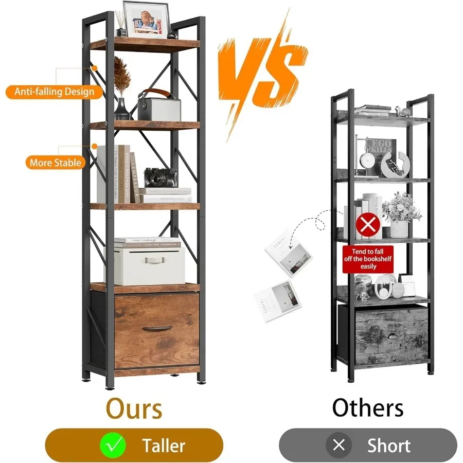 5-Tier Tall Narrow Industrial Bookshelf with Drawer, Freestanding Wood & Metal Bookcase for Office Study