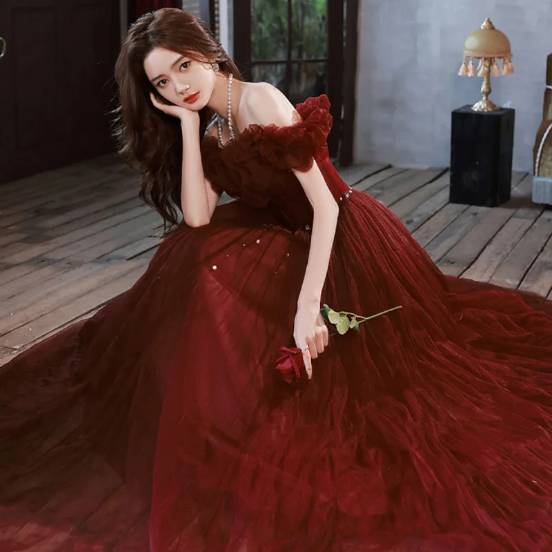 It\'s Yiiya Evening Dresses Burgundy Tulle Off the Shoulder Short Sleeve A-Line Floor-length Plus size Women Party Formal Gowns