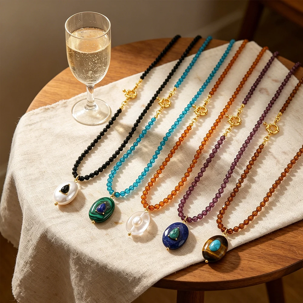 2026 New Handmade Weave Colored Natural Stone Lock Chain Necklace Stainless Steel Transparent Pendant Necklace Summer Jewelry