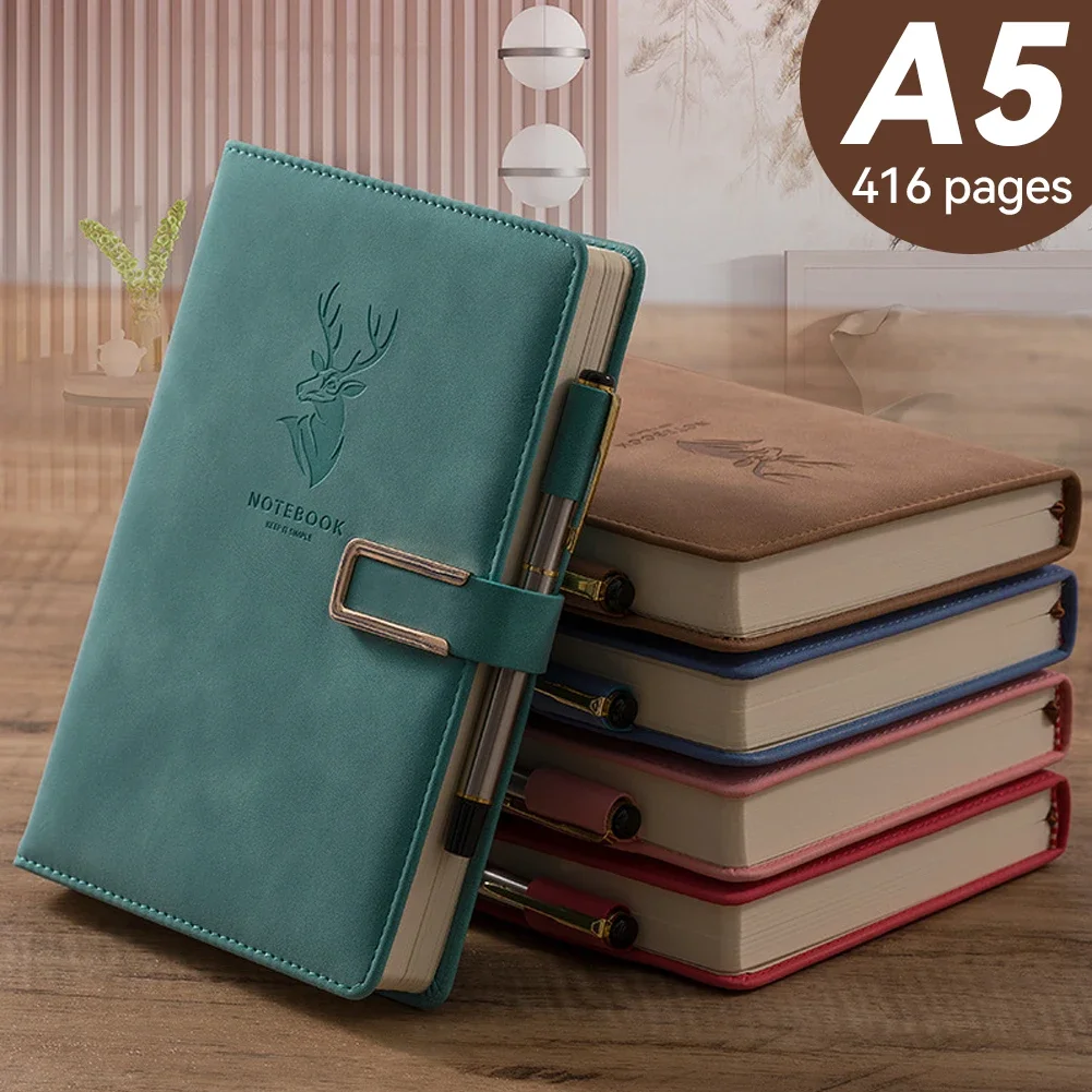 416 Pages Notebook A5 Faux Leather Thick Business Notebook Diary Book Writing Book Magnetic Snap Side with Pen School Supplies