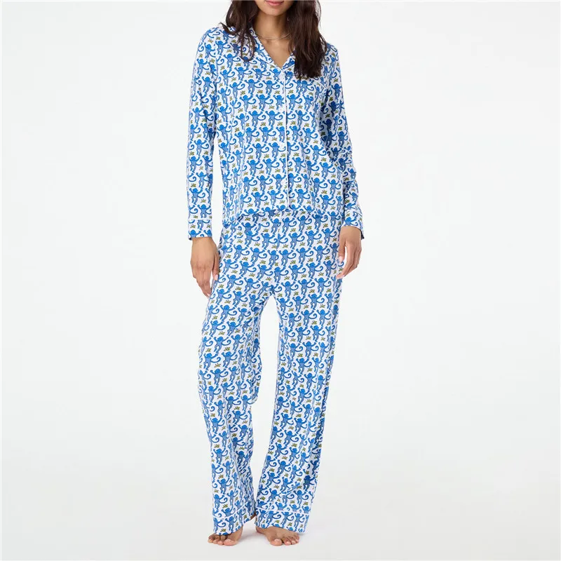 Roller Rabbit Monkey Pajamas Preppy Pjs Cute Pj Pants Sets For Women Y2k Long Sleeve Pajamas Set 2 Piece Loungewear