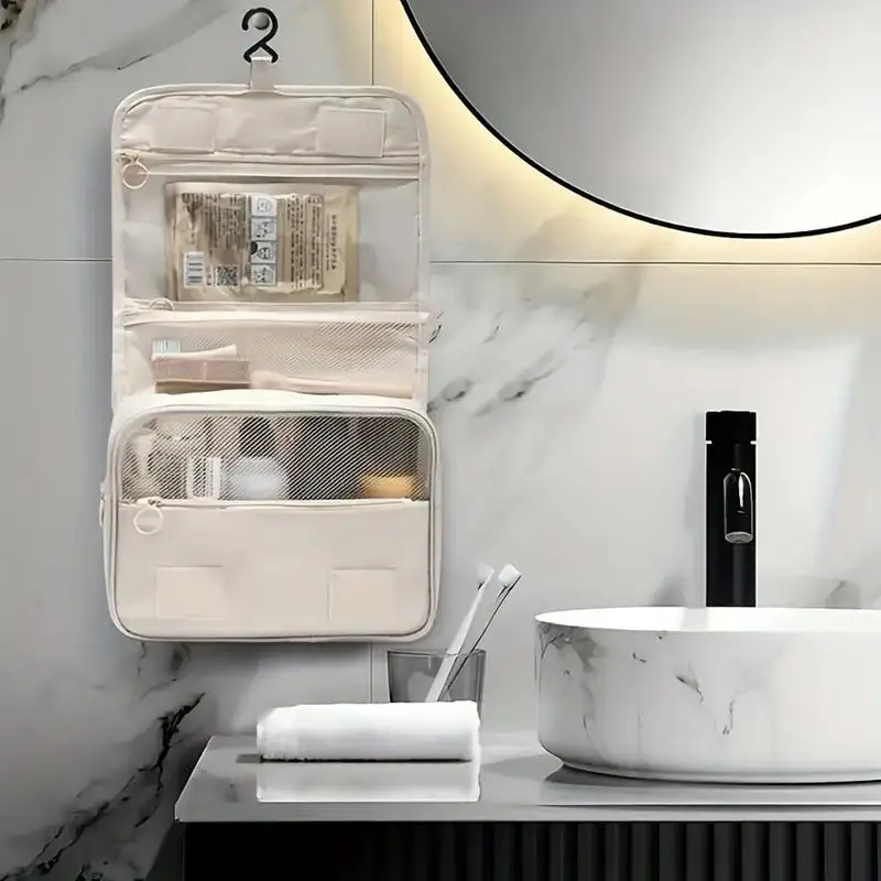 Neceser de viaje para mujer, organizador de cosméticos plegable para montaje en pared con separación en seco/húmedo, estuche de maquillaje colgante portátil