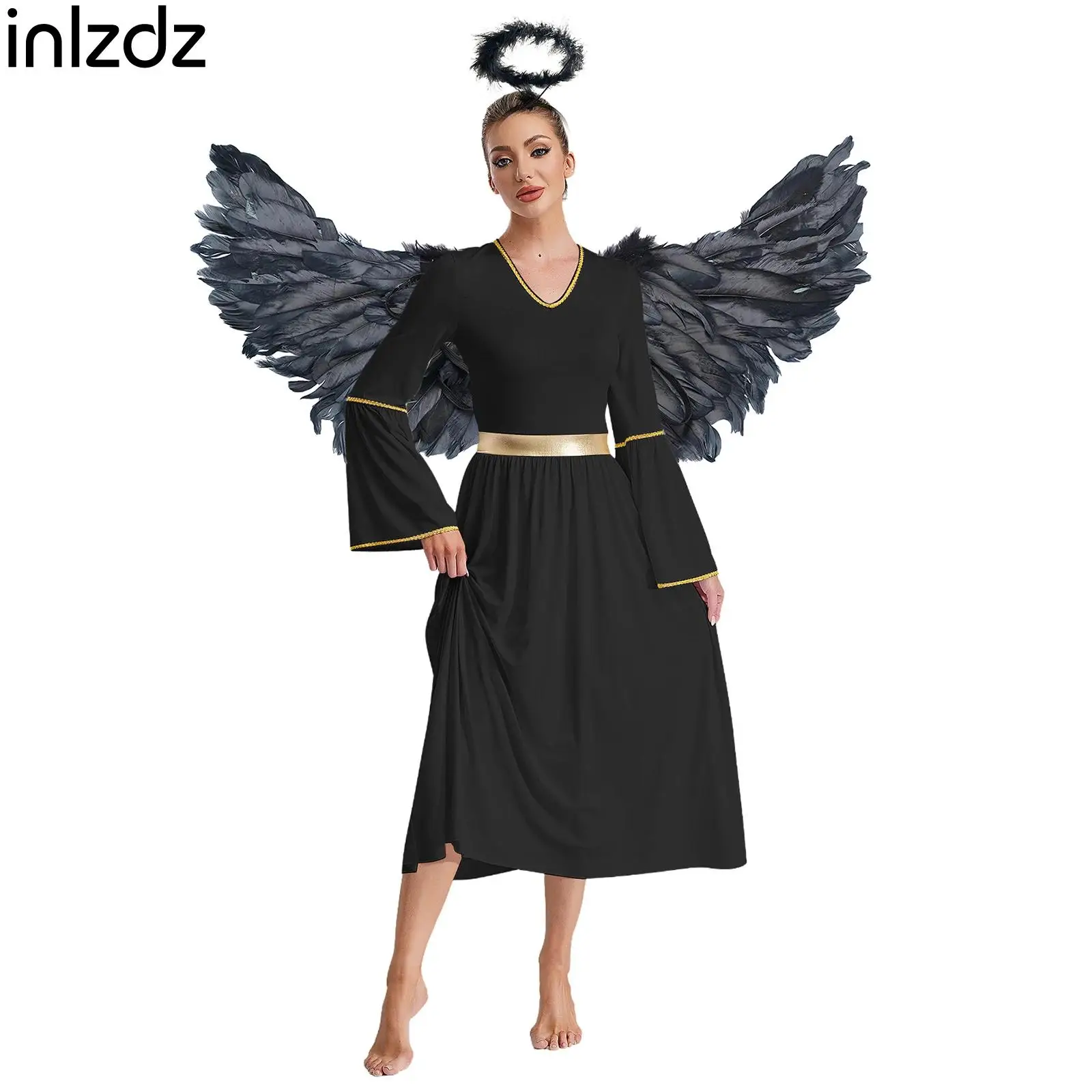 

3 Pcs Womens Angel Cosplay Costume Long Sleeve Gold Trim Angel Dress Gown Dress Set Carnival Halloween Party Performance Costume