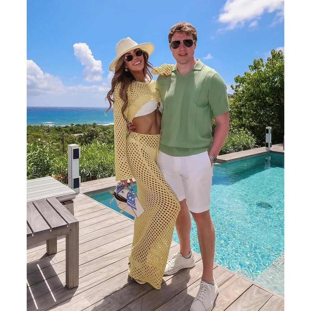2025 malha manga longa cobrir com verão bodycon saia longa terno de duas peças malha beachwear bikini cover-ups praia