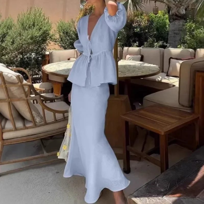 Summer Ruffled 2 Piece Skirt Matching Set Women's V-Neck Lace-Up Bubble Sleeve Shirt Long Skirt Set Casual Matching Sets Y2k