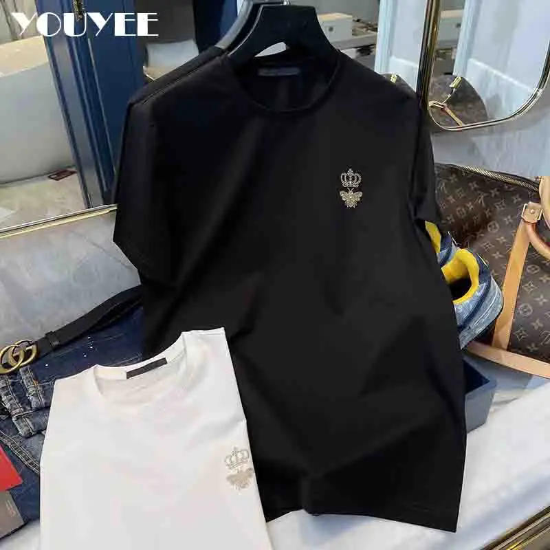 O-neck Short Sleeve Men\'s T-shirt Summer Bee Crown Rhinestone Design Cotton Male Tees Casual Handsome Versatile Clothes Trend