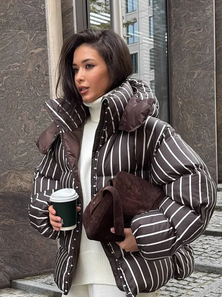 

Warm Jackets Lady Winter Daily Street Coats Striped Hooded Cotton Jacket Women Fashion Stand Collar Full Sleeve Zipper Pocket
