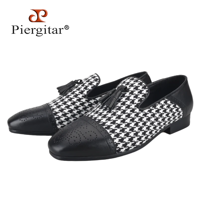 Piergitar Brand Houndstooth Pattern Cotton Patchwork Bullock Leather Toe Slip-On Loafers Handmade Tassels Men Slippers For Party