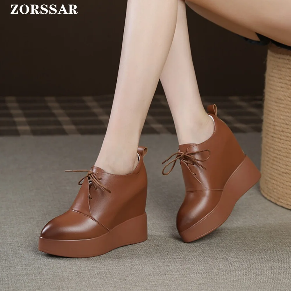 Women Genuine Leather Casual Black Shoes Platform Wedge Female Women 12CM High 2024 Fashion Chunky Sneakers Spring Autumn Shoes