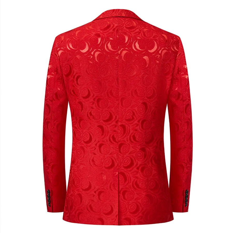 2026 New Men's Red Long-sleeved Blazers Coat, Wedding Party Dress Jacket, Rose Pattern Jacquard Fabric, Asian Size M-5XL
