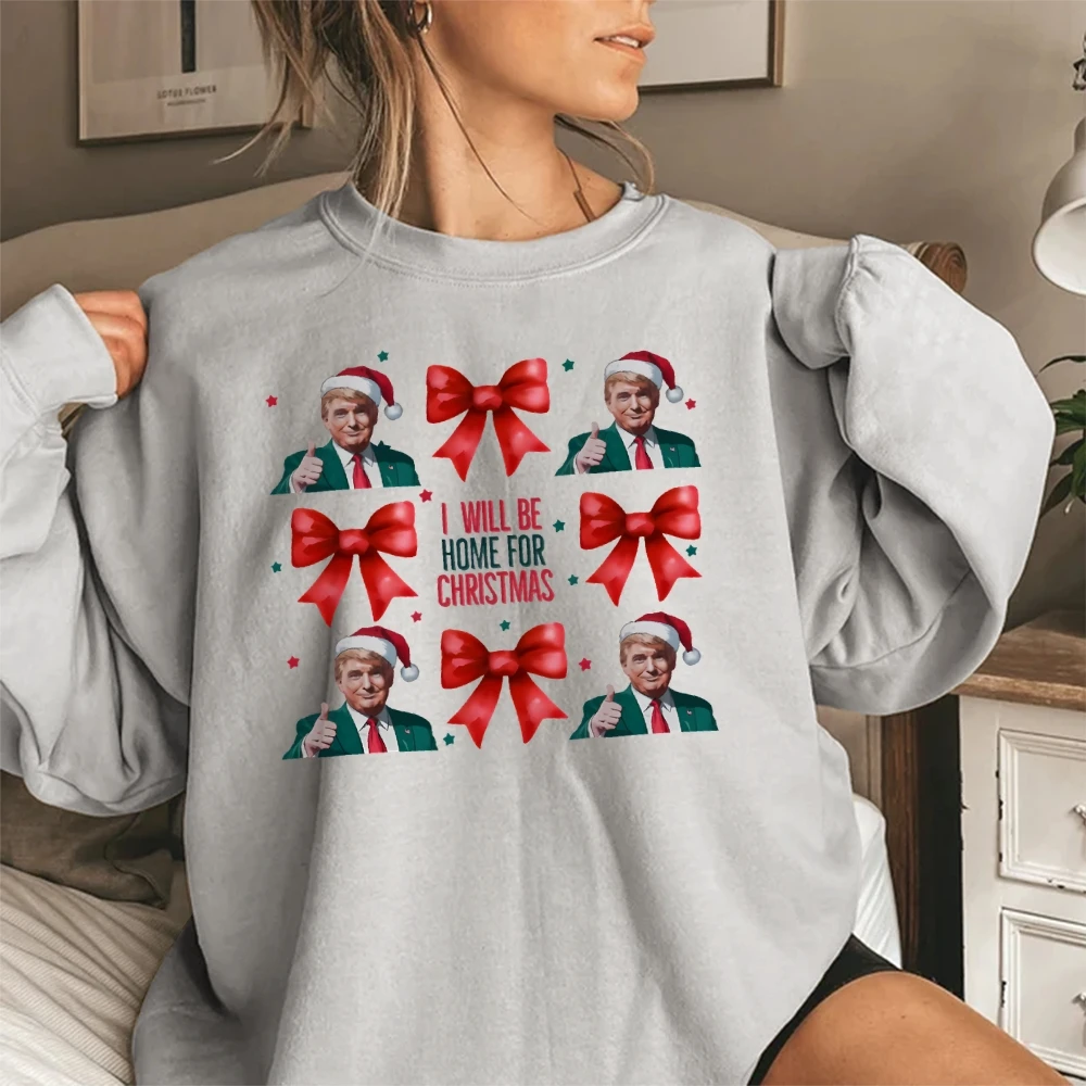 Trump Christmas Pattern I'M Be Home For Oversized Pullover Shirt High Street Sportwear Vintage Cotton Y2K Style Top For Women