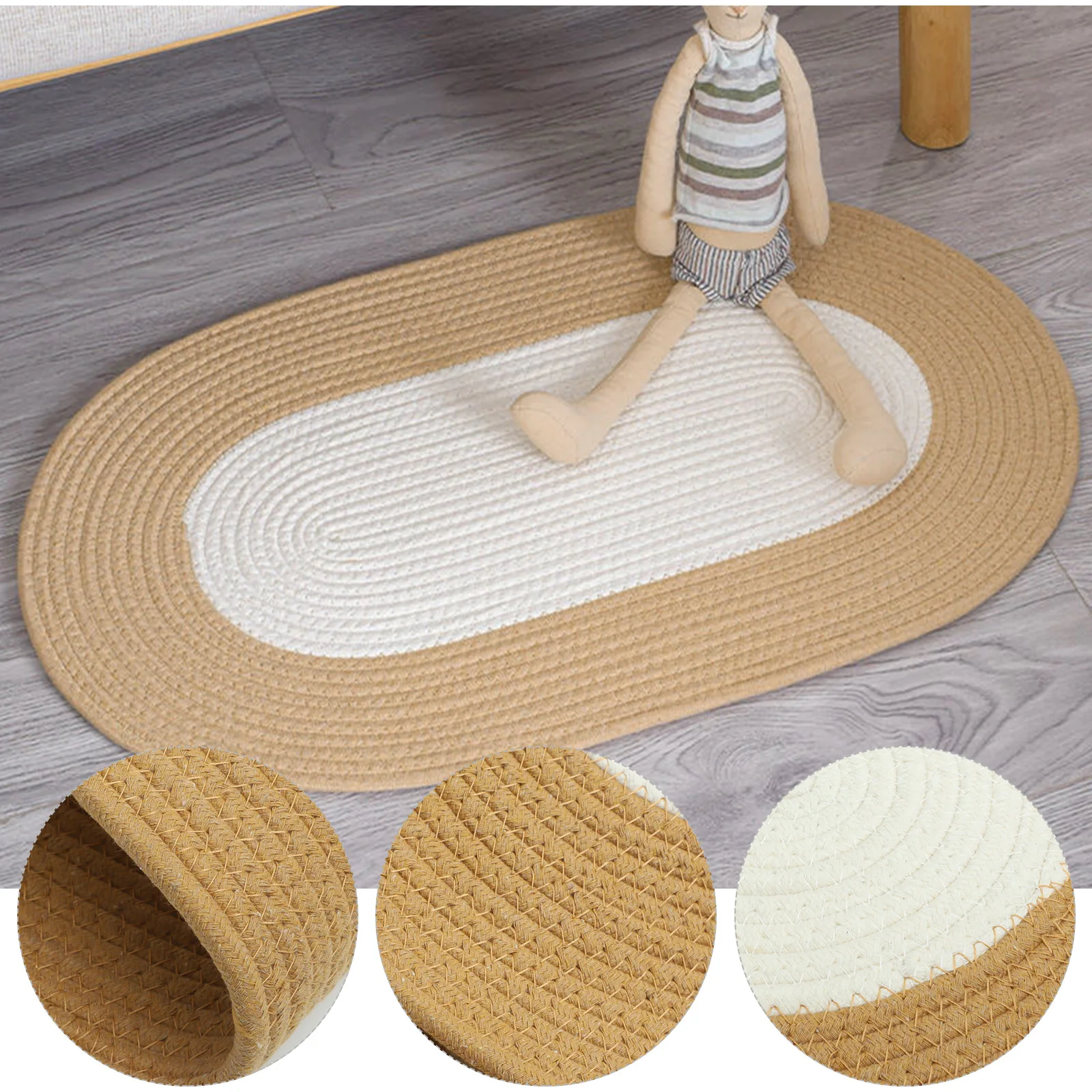

Double Color Cotton Rope Bedroom Entrance Anti Slip Floor Mat Round Black White Fast Drying Doormat