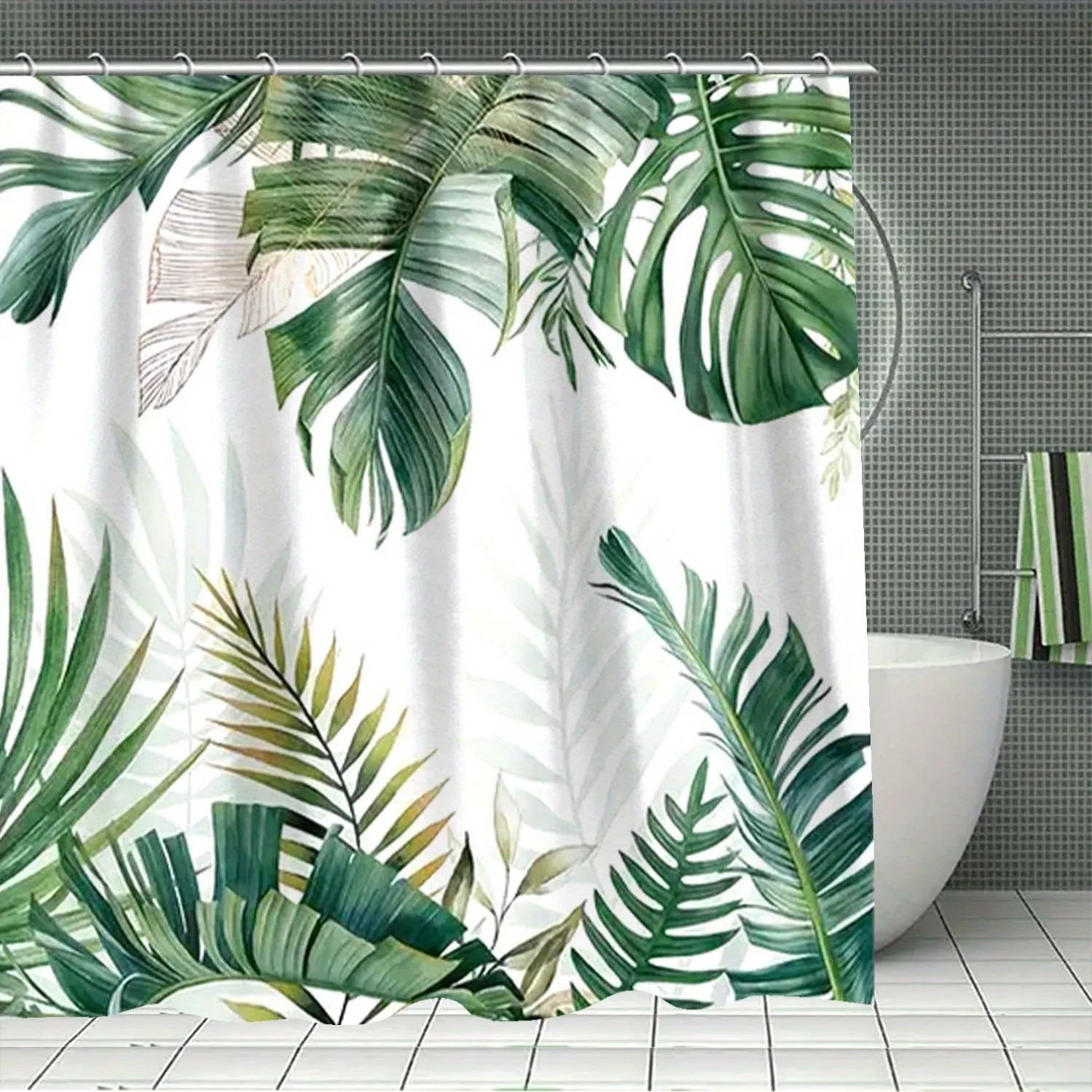 4-piece tropical home decor, green leaves, plant pattern hook shower curtain, bathroom partition curtain, machine washable