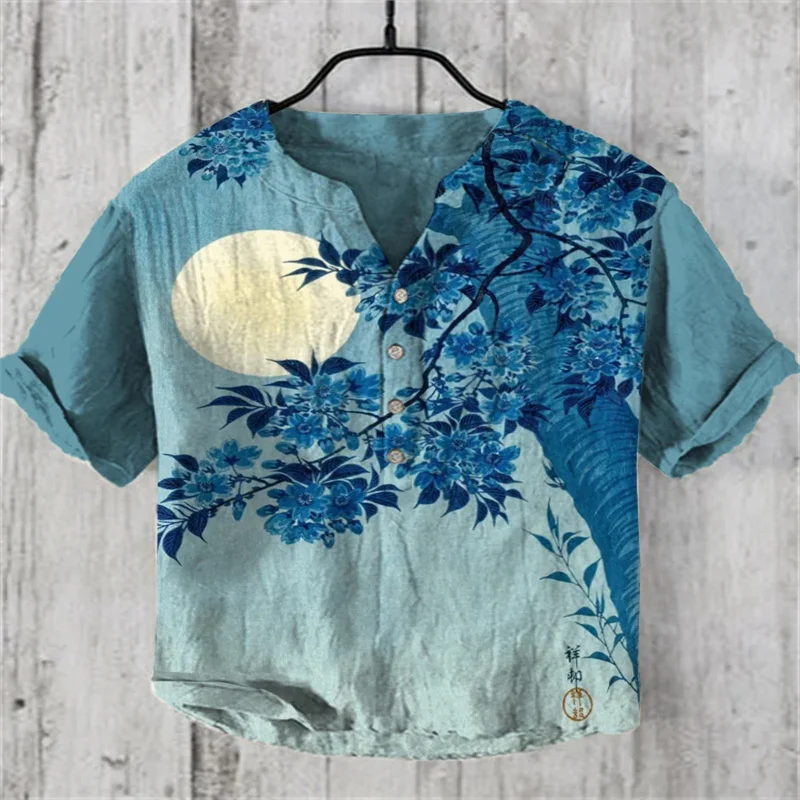 New 2024 Men's Bamboo Plus Size V-Neck Japanese Ukiyo-e Pattern Clothing Summer Oversized Fashion Casual Tops Flowers and Moon