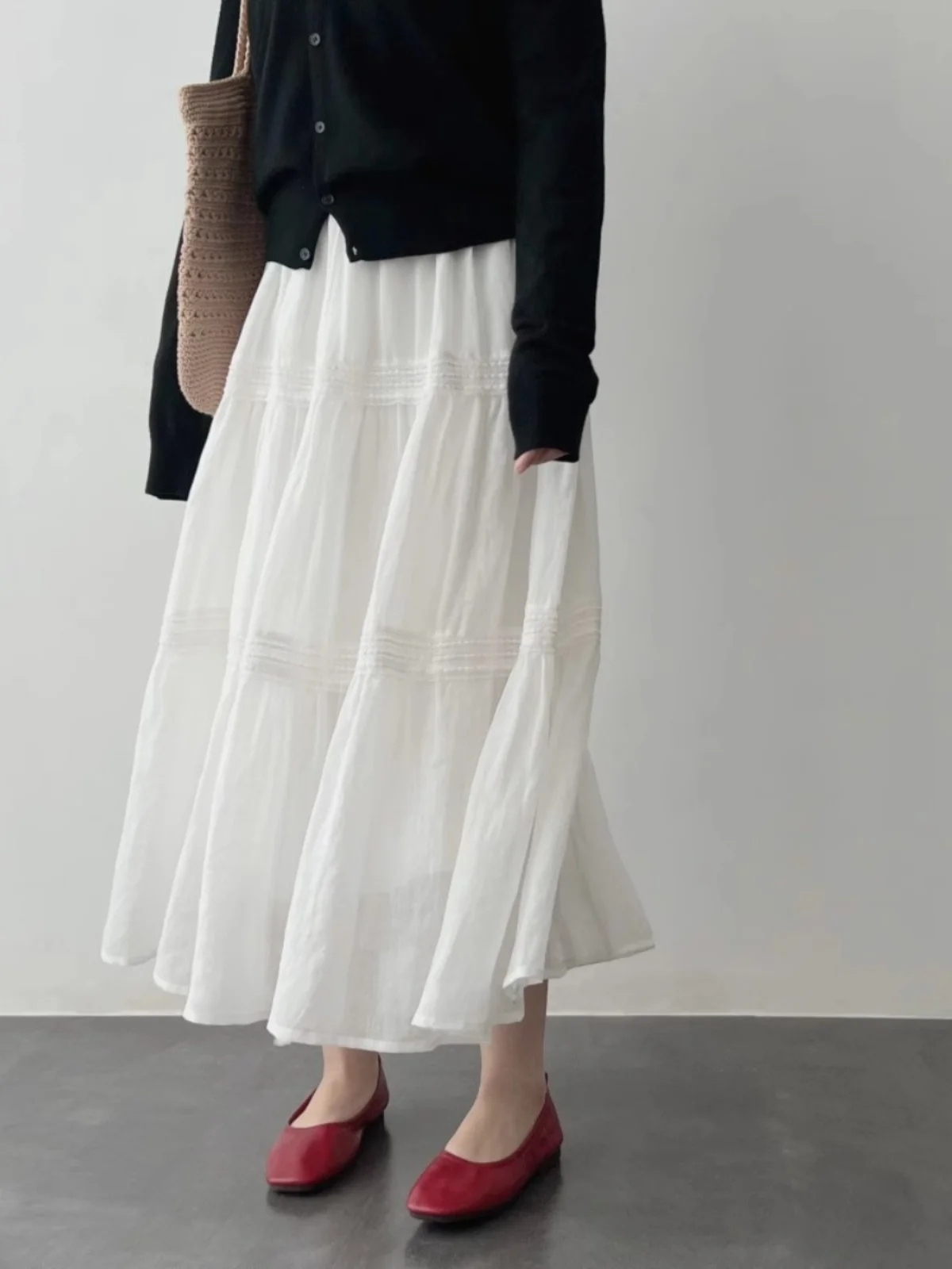 

Ele High Waist A-Line Skirt for Women Lace Design Spring Summer Thin Cotton Linen Blend Versatile Midi Skirt