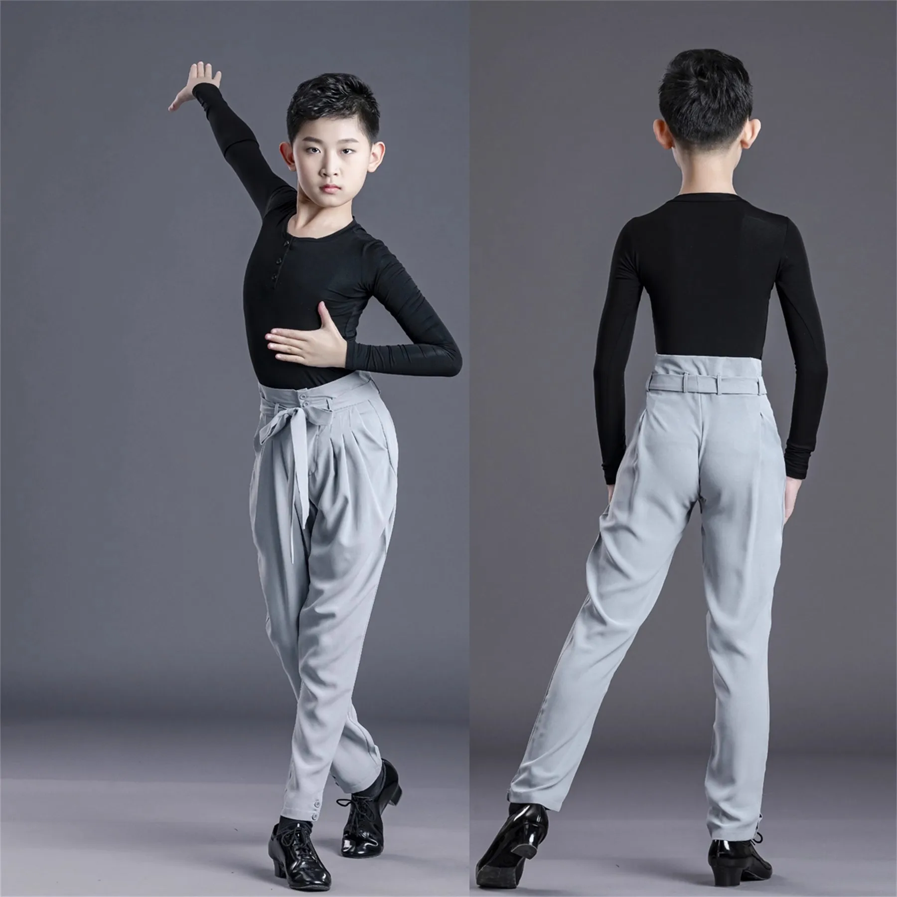 Nuovo arrivo colore grigio ragazzo pantaloni da ballo latino ragazzi pantaloni da ballo per sala da ballo vita con lacci per bambini Cha Cha/Rumba/Samba Pants