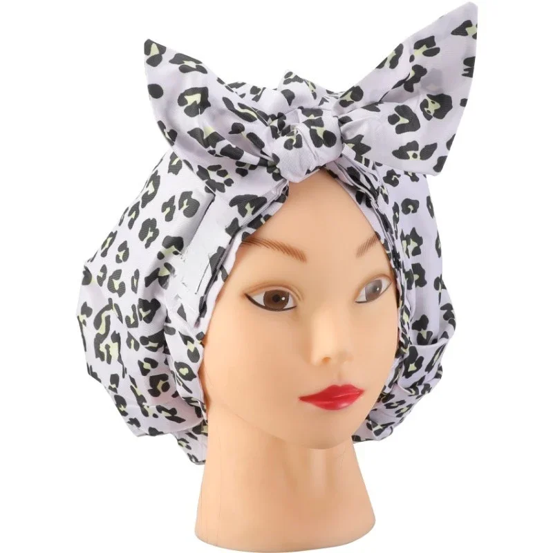 

Women's long hair shower cap, adjustable waterproof round hat, bow strap, elastic dry hair sleep cap