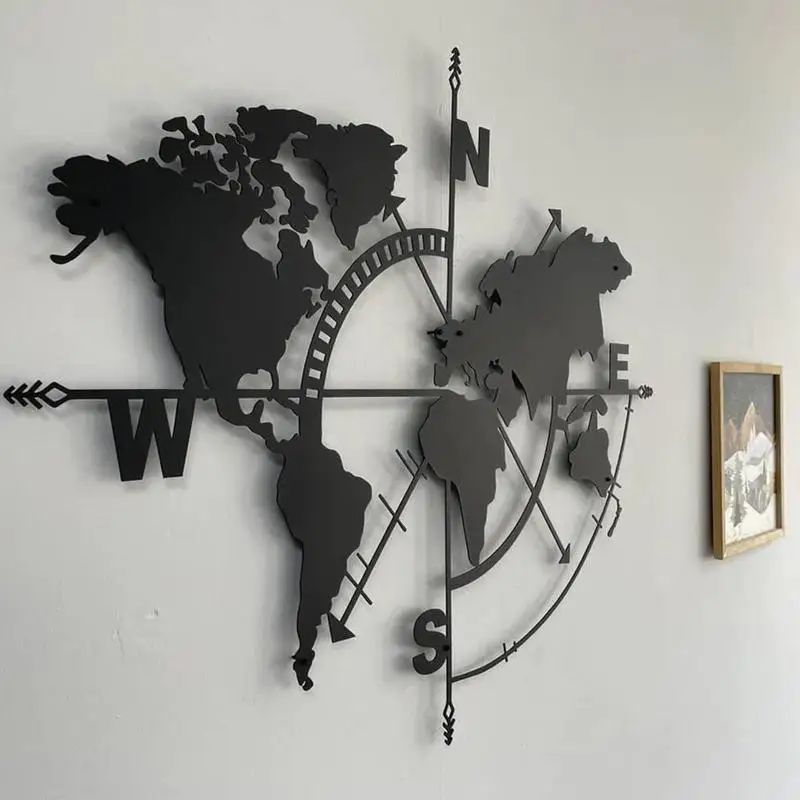 Metal World Map Wall Art Metal Compass Design Wall Decor Decorative Hanging Earth Travel Art Adventure Wall Decal for Bedroom