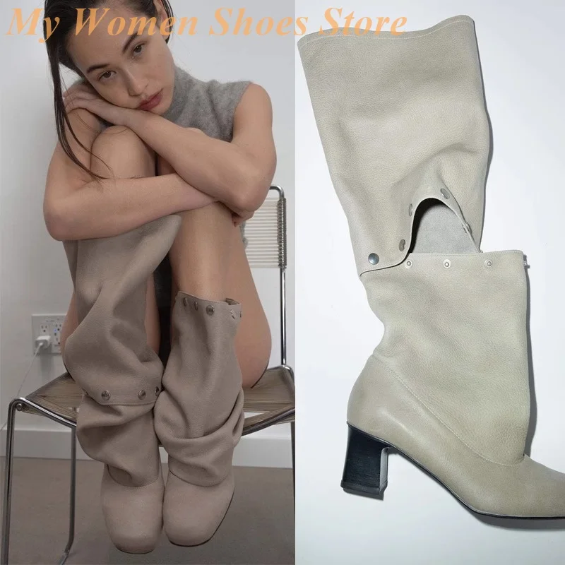 

Versatile Buckle Leather Boots Square Toe Block High Heel Slip On Fashion 2026 Winter Autumn Runway Women Dress Shoes Handmade