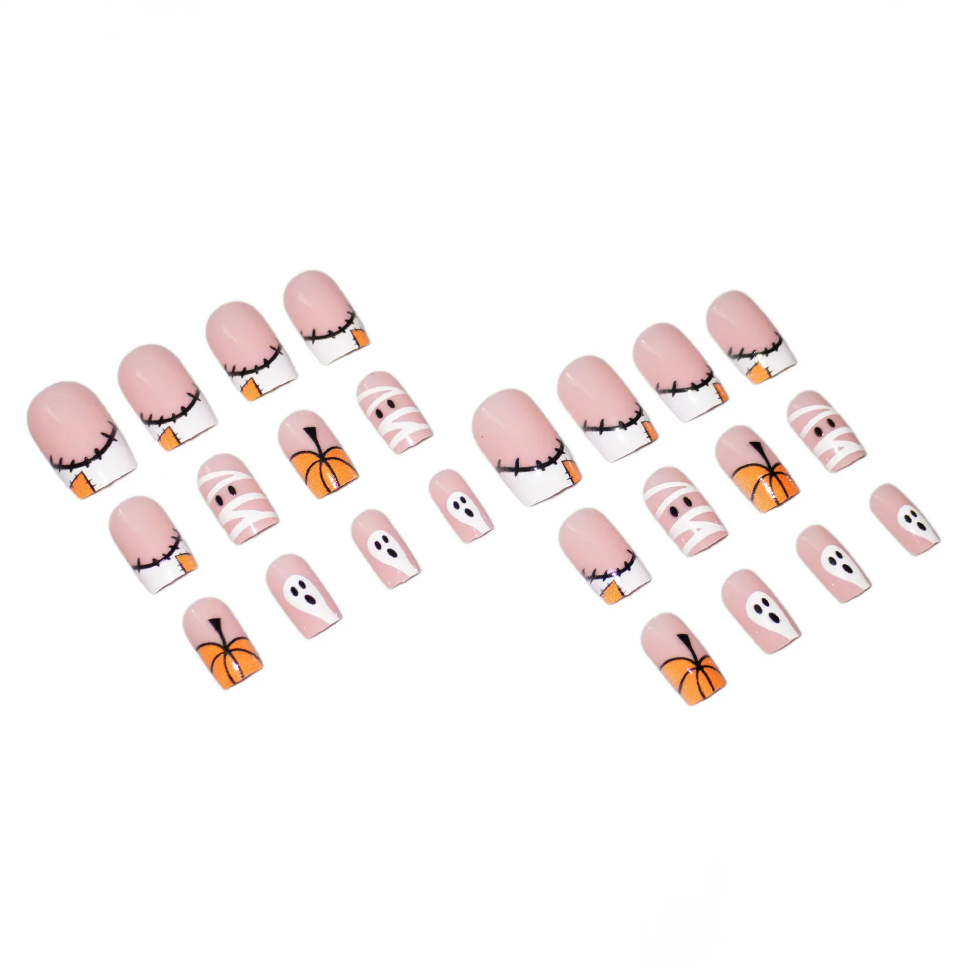 24 pezzi di punte per unghie finte corte di Halloween bordo bianco stampa francese sulle unghie indossabili staccabili zucca fantasma ragnatela unghie finte